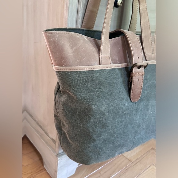 LL Bean Canvas Leather Boat Bucket Travel Shoulder Bag Satchel Khaki - Picture 2 of 16
